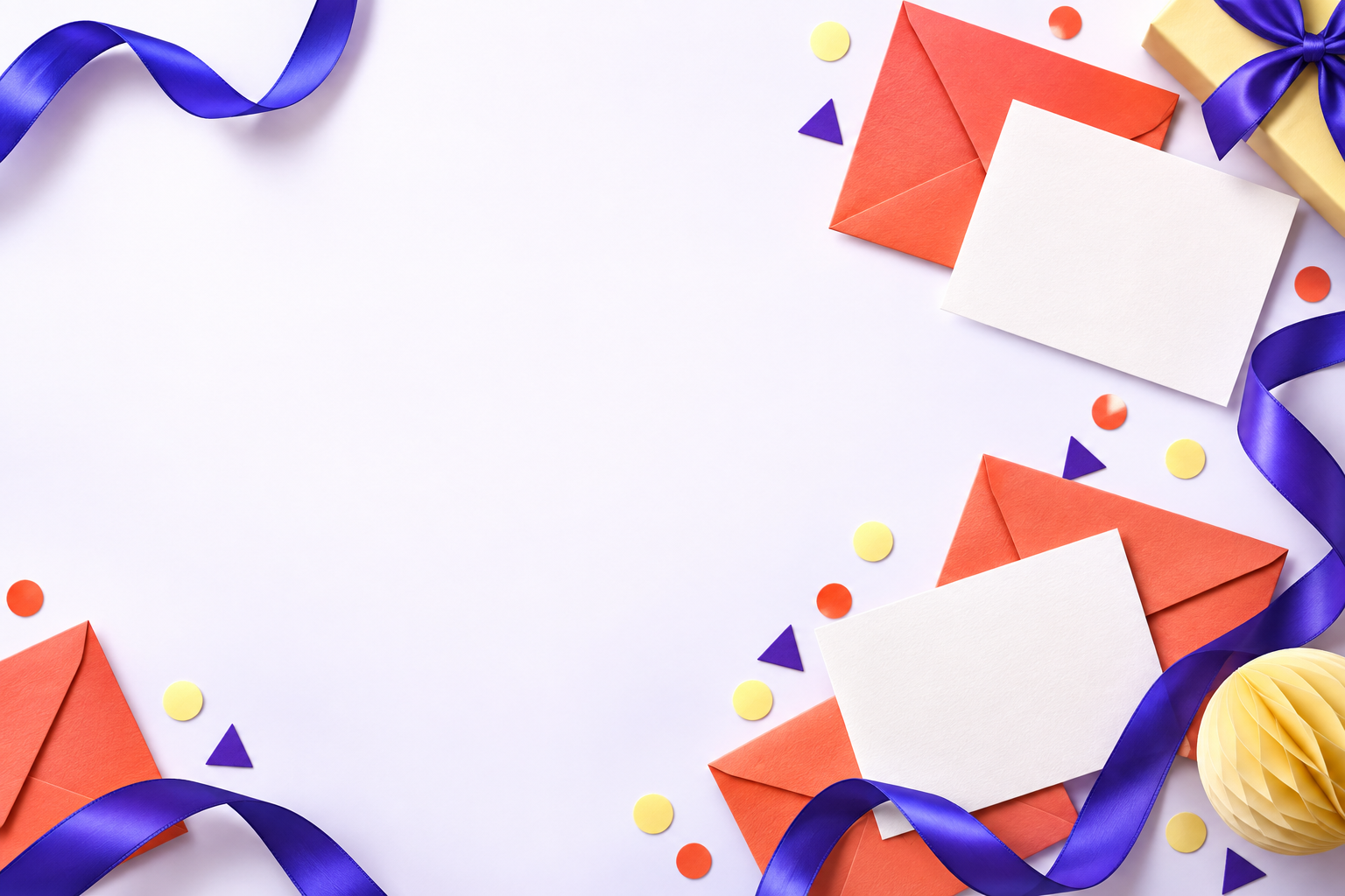 Colorful paper notes and violet ribbon frame your gift